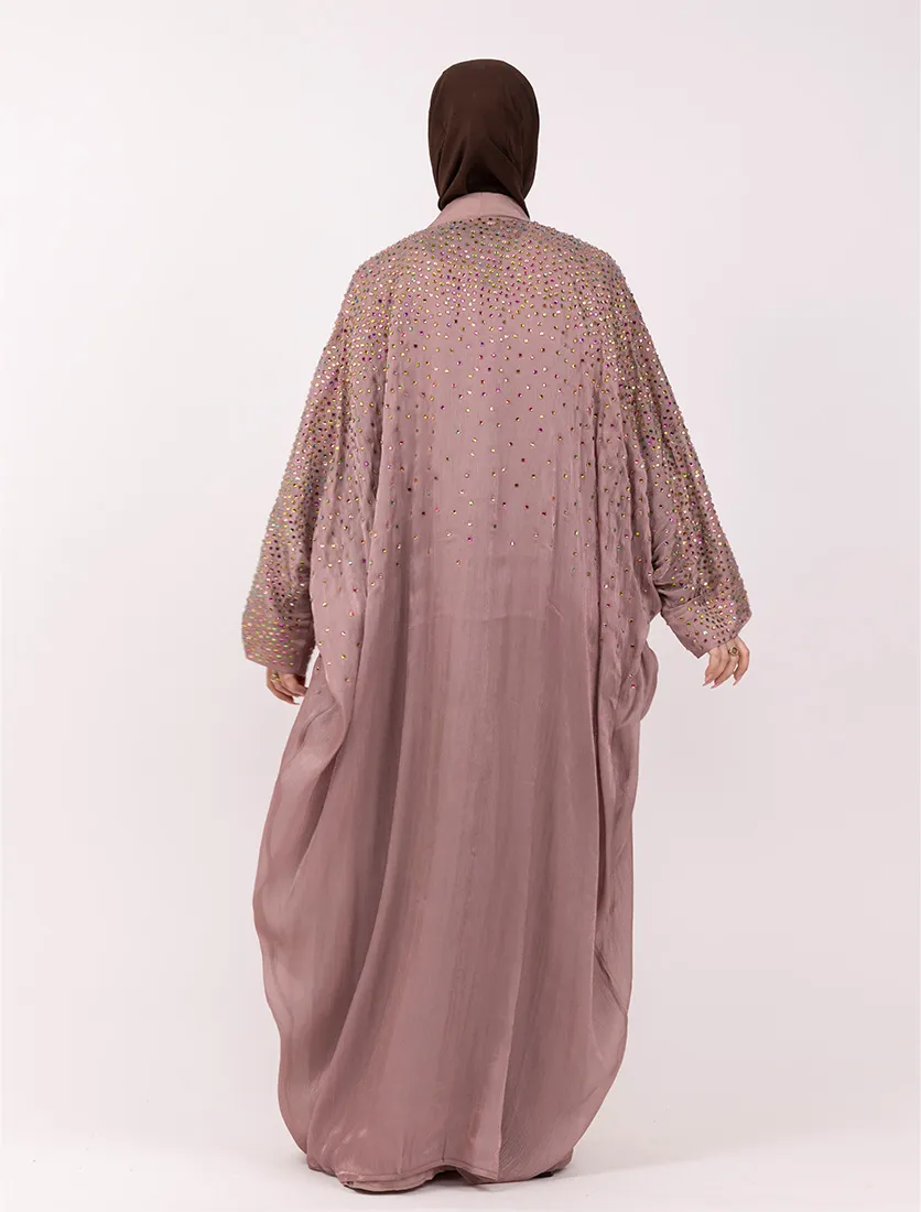 Pink Multi Crystal Embellished Sheer Overlay Abaya